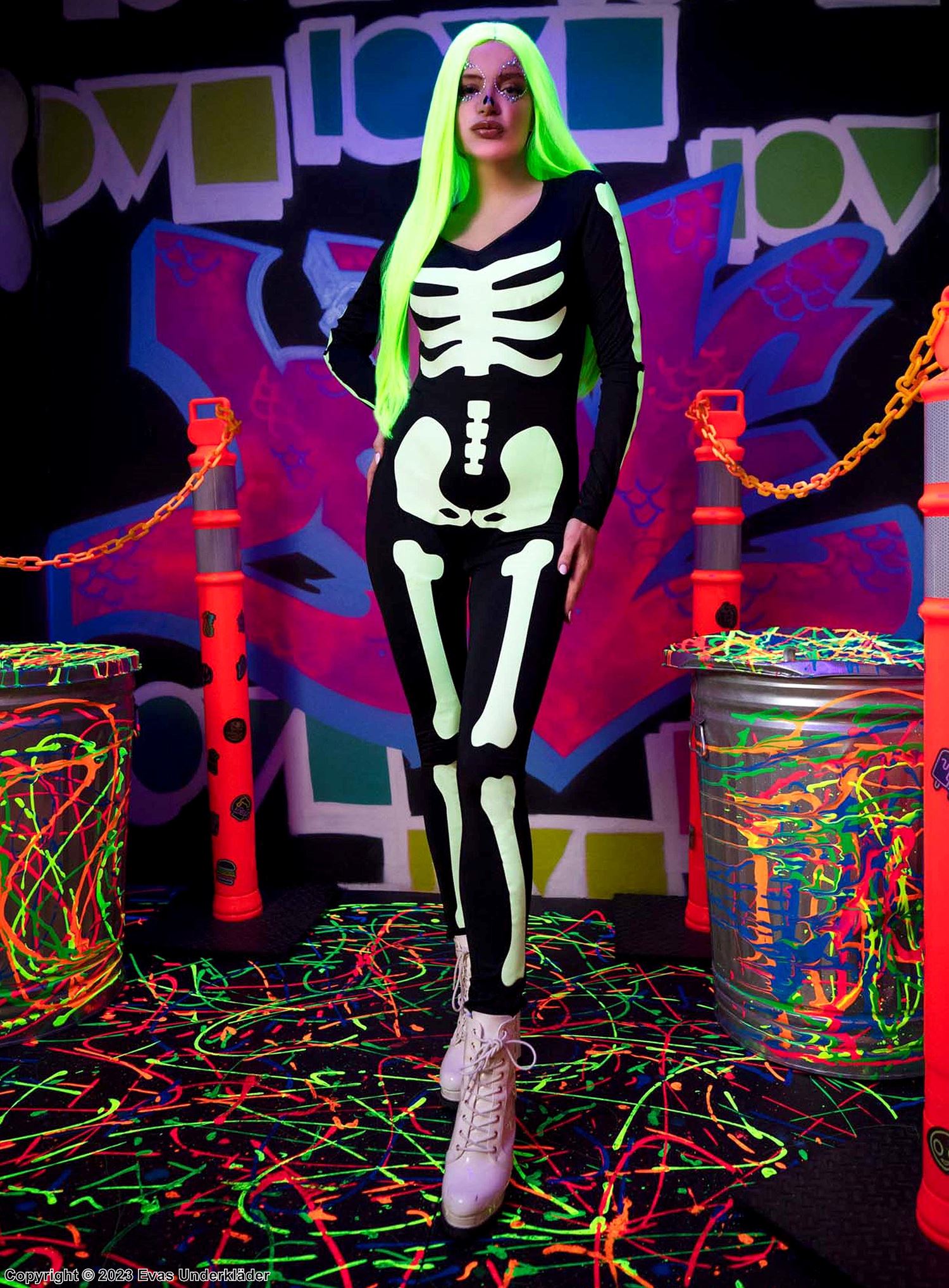 Skelett, maskerad-jumpsuit med självlysande tryck